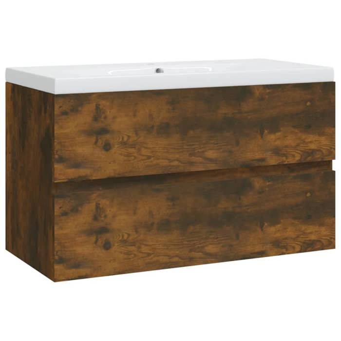 Meuble de salle de bain - MAISON EXCLUSIVE - Meuble lavabo avec bassin intégré - Chêne fumé - Bois d'ingénierie - Bassin céramique
