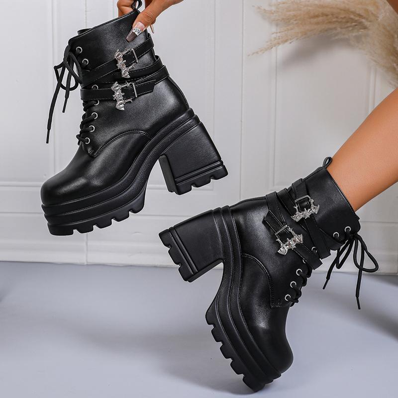 Модные ботильоны на массивном каблуке в панк-стиле для женщин, модные туфли на платформе с ремешком и пряжкой, женские осенне-зимние черные готические ботинки в стиле милитари