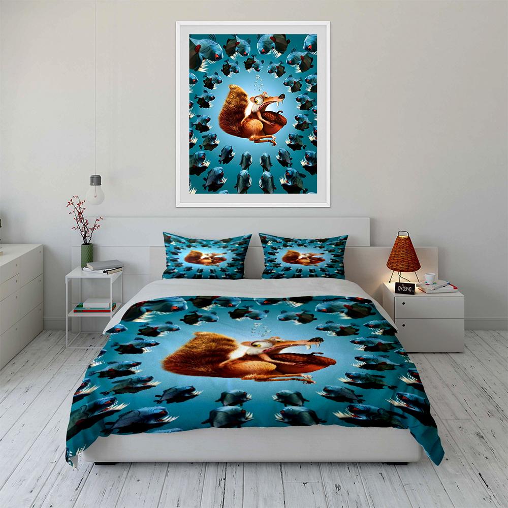 Cartoon Squirrel and Fish Pattern Bedding Set Bedding set (1 duvet cover, 2 pillowcases, duvet not included)