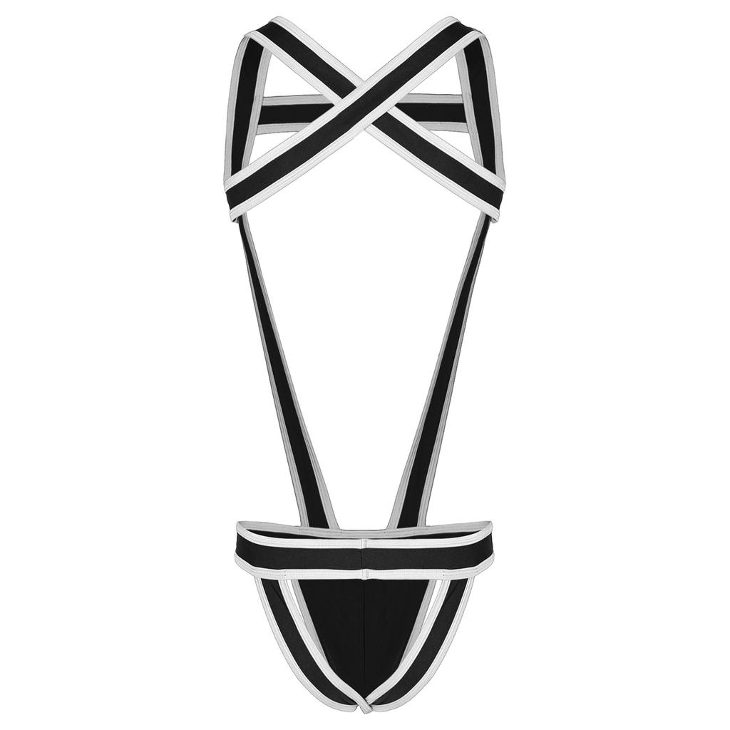 Mens Contrast Trim Chest Harness Jumpsuit Bulge Pouch Design One-Piece Bodysuit Jockstrap Underwear for Cosplay