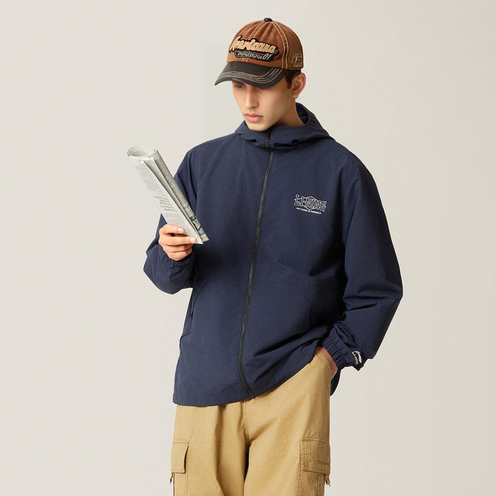 Li Ning Sports Lifestyle Series High Street American Vintage Cardigan Long Sleeve Windbreaker Loose Coat Unisex Upperwear Deep-Navy-Blue AFDV445-6