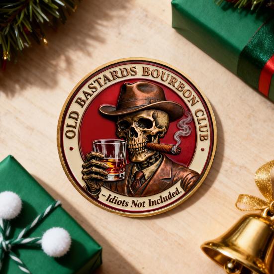 Клуб любителей бурбона "Старые ублюдки" Коллекционная монета Двусторонняя Винтажный череп Клуб любителей виски Монета-сувенир Сувенир для коллекционеров Жетона Монета-подарок