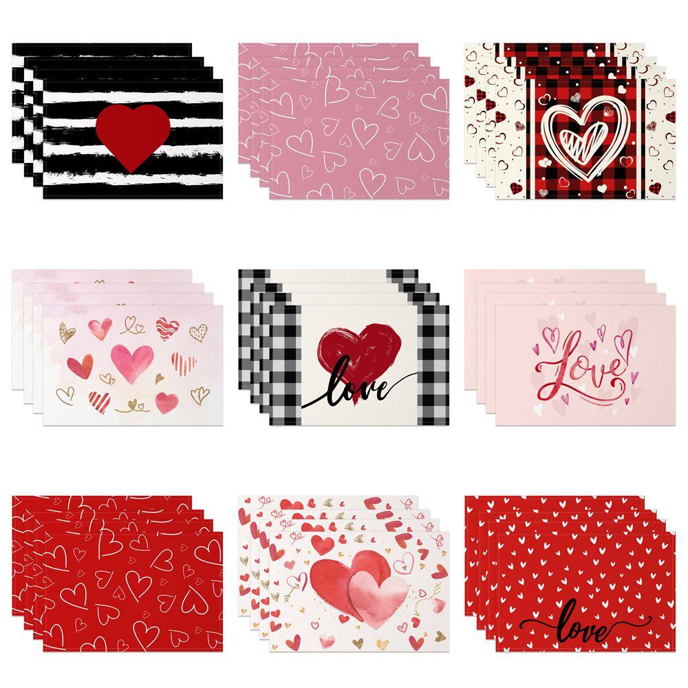 Heart Shape Placemats Romantic Love Pattern 4pc Linen Dining Mats Heat Resistant Valentine's Day Wedding Anniversary Party Decor
