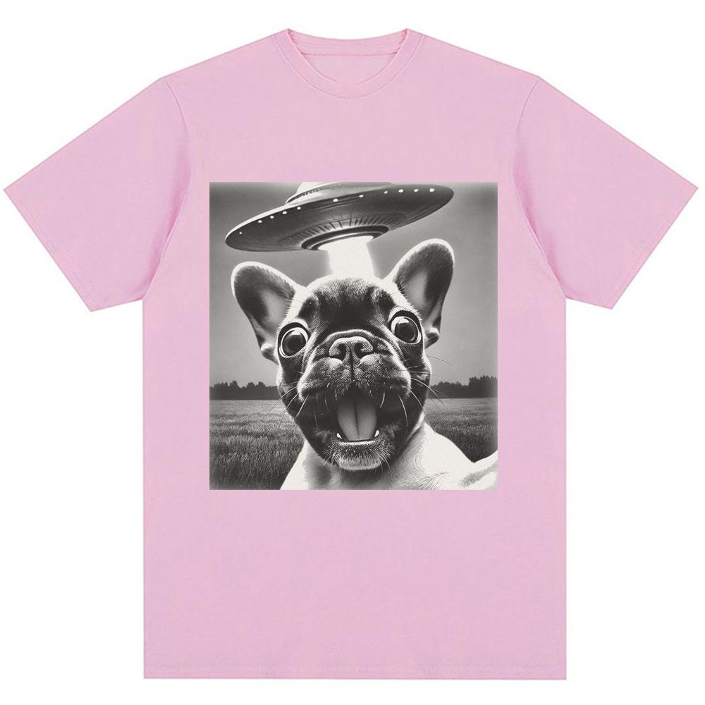 French Bulldog UFO Funny Meme Graphic T-shirt Vintage Fashion Men Women Short Sleeve Oversized Cotton Summer T Shirts Streetwear