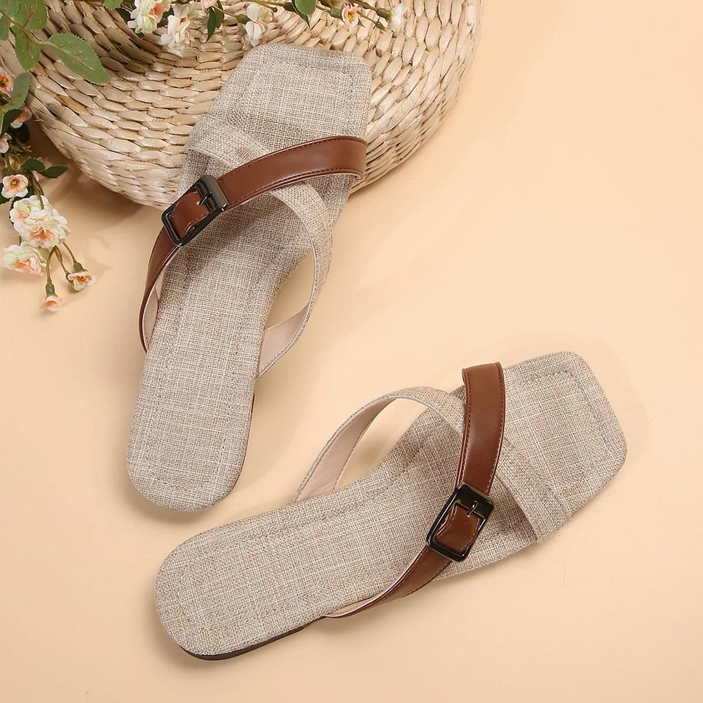 2024 2024 Brown Cross-strap Buckle Slippers Women Summer Walking Beach Sandals Brand Designer Flip Flops Casual Zapatos Female