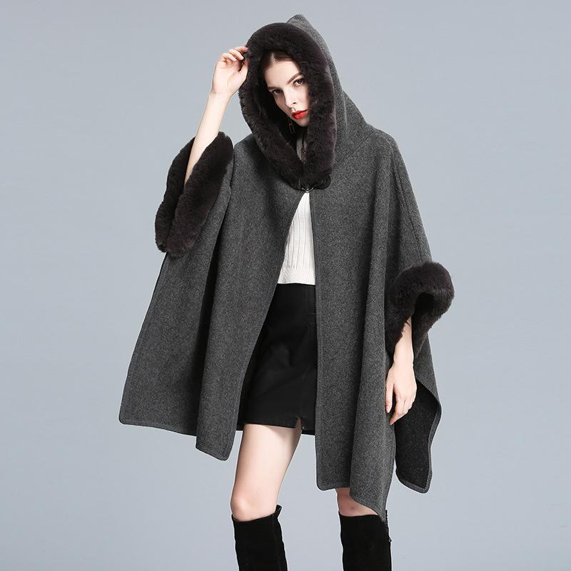 9 Colors Black Winter Warm Fashion Horn Buckle Poncho Capes Women Imitation Rabbit Fur Batwing Sleeves Loose Long Coat With Hat