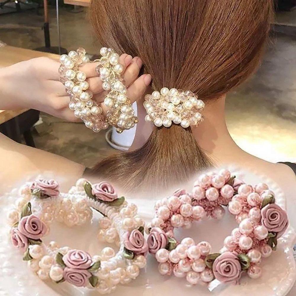 1Pcs Elegant Flower Pearls Hair Band High Elastic Hair Tie New Rubber Hairband For Women Girls