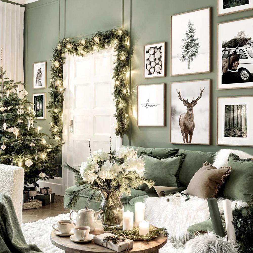 Рождественский Декор Зимний Снежный Лес Олень Лось Сова Солнечный свет Картина Декорации Домашний Декор Холст Плакат Художественная печать Настенная картина