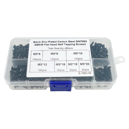 PENGLIN 480-Piece Countersunk Head Self-Tapping Screw Set, M3 3mm, Cross Recess, Carbon Steel, 7 Types, Black, with Storage Case