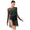 Womens Figure Skating Dress Contrast Color Rhinestones Gradient Mesh Skirt One Piece Leotard