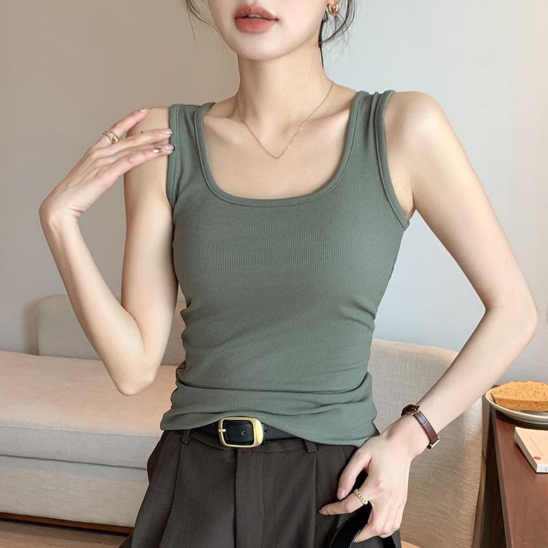 Stylish Elegance Fashion Female Casual Vest H237 Spring and Summer Wide Shoulder Vest Women Big U Neck Bottom Inner Small Vest Women Sleeveless Canvas