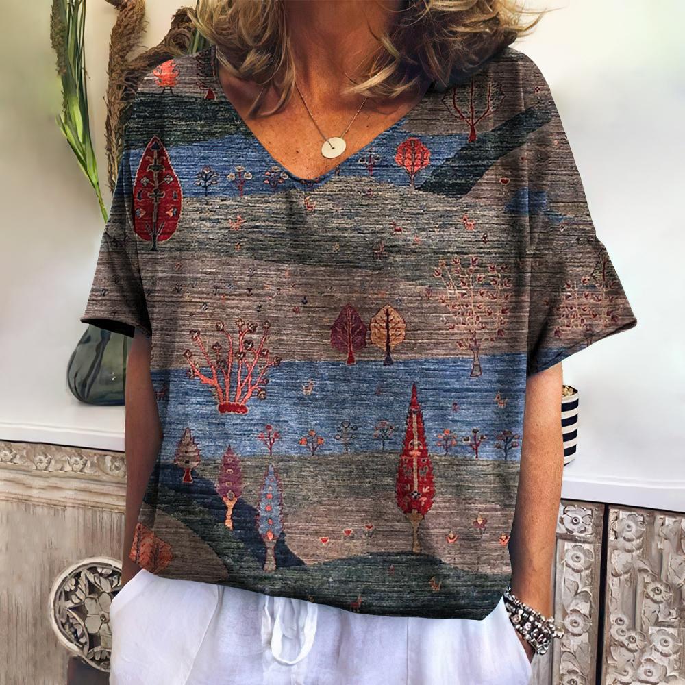 Summer Women's T-shirt Landscape V-neck T Shirt Ladies Fashion Short Sleeve Tops Retro Streetwear Fashion Clothes Female Casual