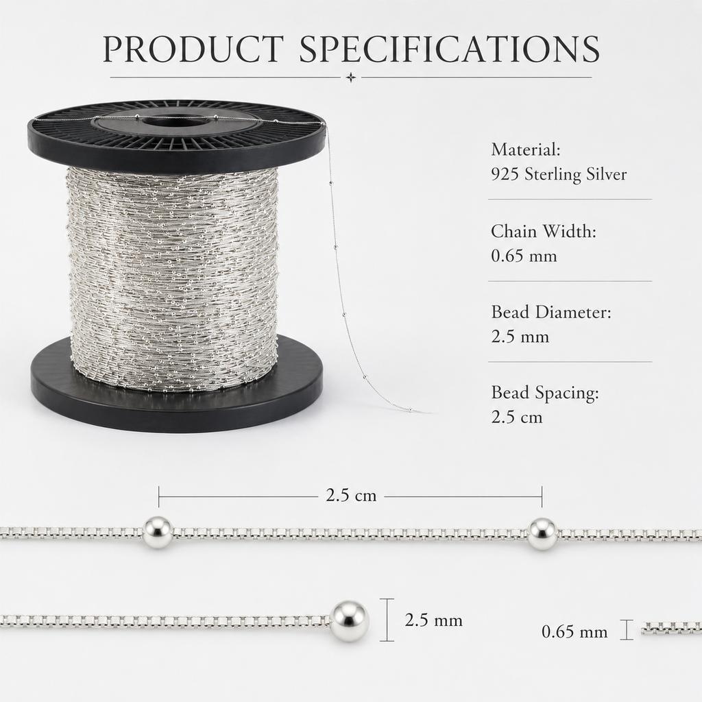 0.65mm Box Chain with 2.5mm Beads 925 Sterling Silver Raw Jewelry Chain for Necklace Making