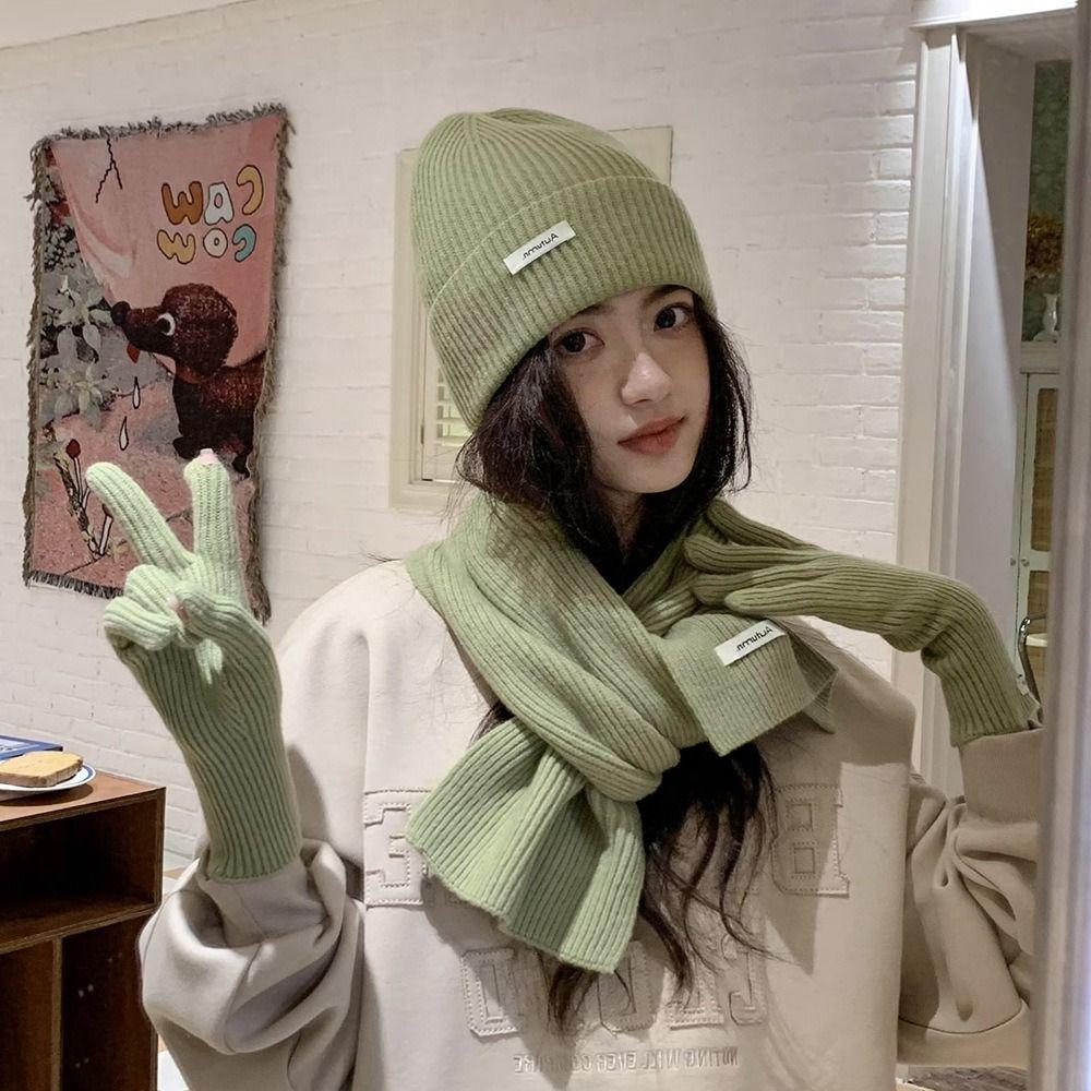 Solid Color Hat Scarf Gloves Set Warm Winter Beanie Hat Neck Protector Thermal Knit Cap  Skiing