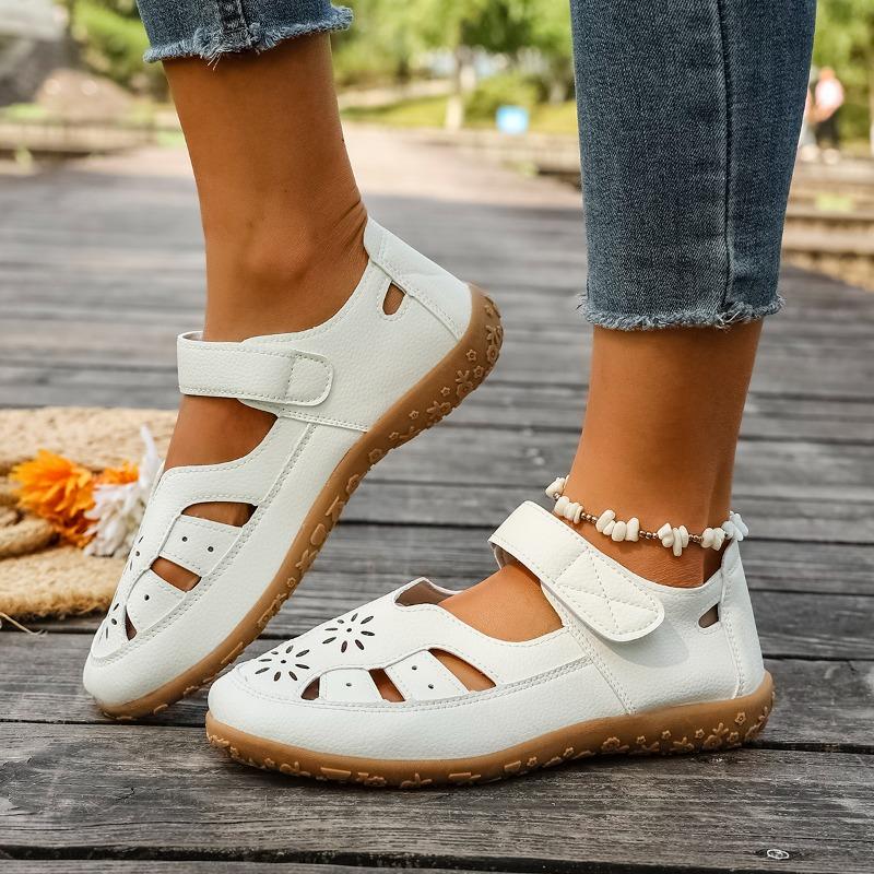Non-slip Soft Leather Summer Single Shoes Fashion Round Toe Soft Sole Comfortable Casual Hollow Out Breathable Flats