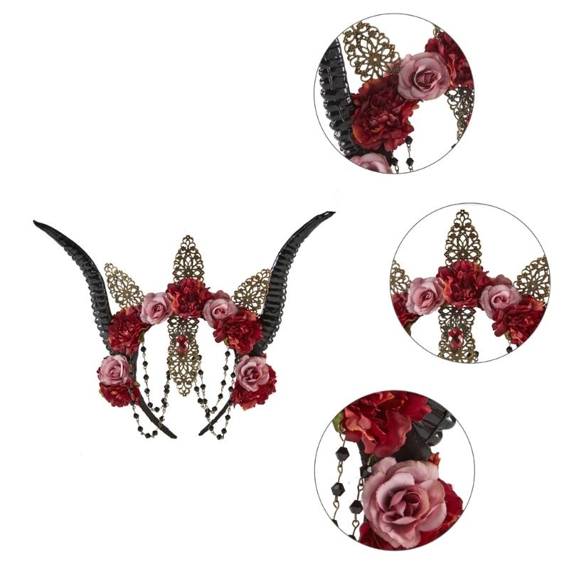 Готический ободок с овечьими рогами, стимпанк, рога дьявола, украшения из роз для костюмированной вечеринки на Хэллоуин, реквизит для фото