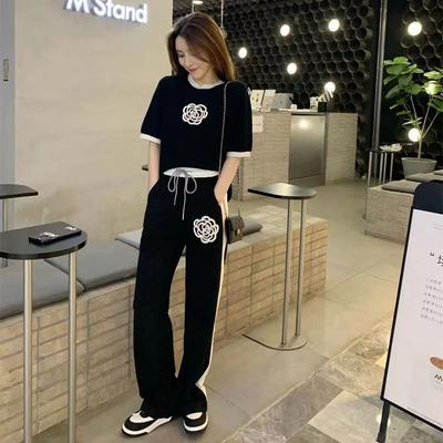 Женский спортивный костюм, летняя новая мода, уличный стиль, топы с короткими рукавами и широкие брюки, комплект из двух предметов для женщин