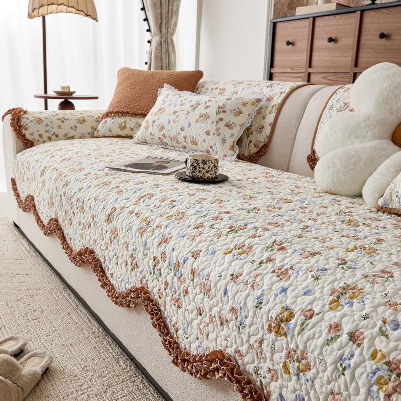 Универсальная всесезонная хлопковая ткань с принтом, стиранная подушка для дивана, корейский пасторальный волнистый край, нескользящее полотенце для диванной подушки, полный чехол