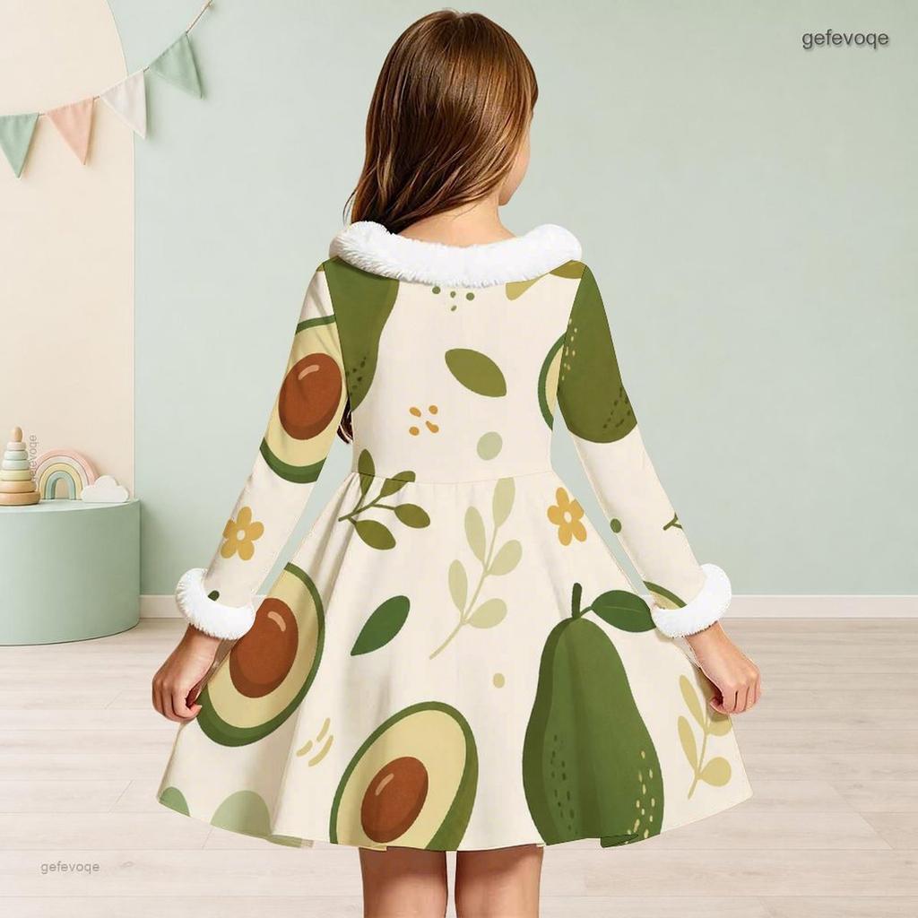 Girls High Neck Long Sleeve Avocado Printed A Line Flared Dress With Fuzzy Collar Cuffs And Bow Waist