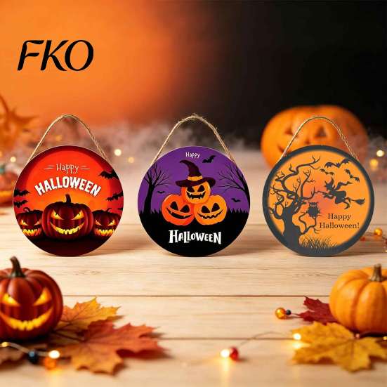 Waterproof Solid Wood Hanging Pendant Halloween Wall Pendant, with Pumpkin And Witch Silhouette, Wooden Party Bar Decor Round Sign, for Home