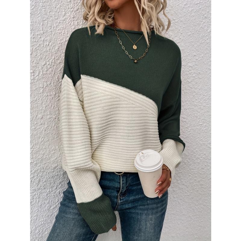 Womens Block Funnel Neck Pullover Sweater Soft High Elasticity Acrylic Knit Fabric Long Sleeve Drop Shoulder Design Perfect for Fall and Winter
