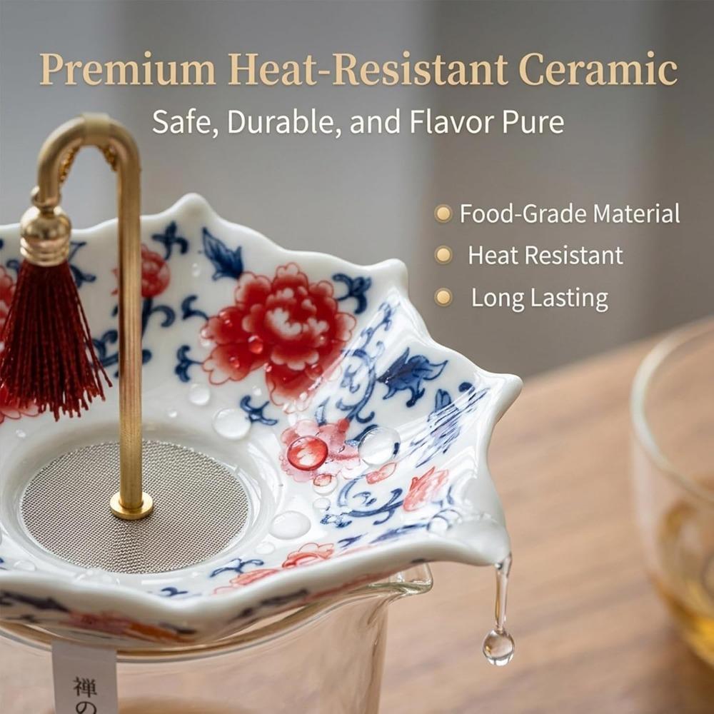 Umbrella Tea Strainer, Umbrella Shape Ceramic Tea Strain Elegant Peony Floral Loose Leaf Tea Filter with Matching Base