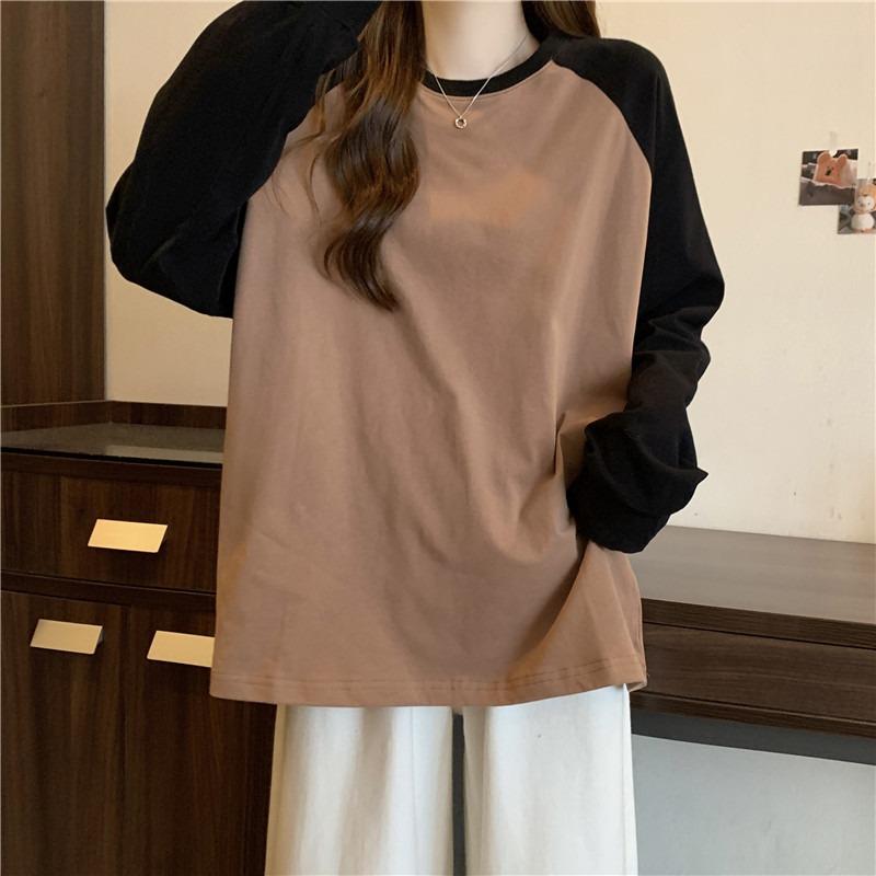 Contrast Color Splicing Shoulder Sleeves Bottoming Shirt Women's Inner Cover Winter Loose Velvet Real Shot Long Sleeves
