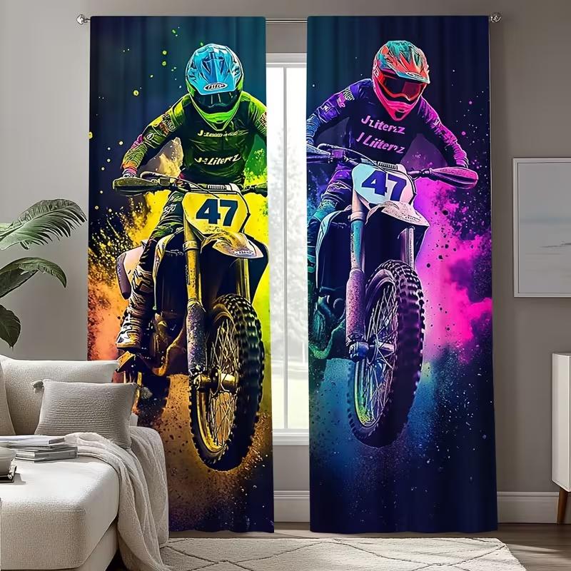 2PcsColorful motorcycle print curtains,suitable for bedroom,living room kitchen decoration,home decoration, curtains for bedroom