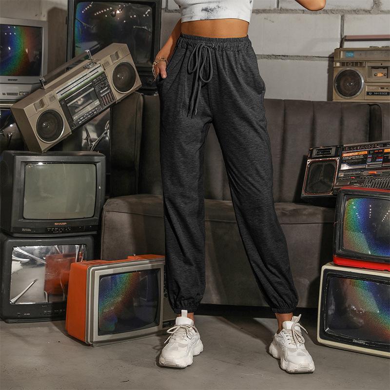 Solid Color Elastic Waist Pants Casual High Waist Sports Tying Pants Elastic Nine-point Guard Pants Women