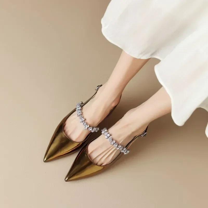 Женские босоножки, женские сексуальные туфли на высоком каблуке со стразами и пряжкой, женская повседневная обувь, золотисто-серебряные туфли с острым носком, летние туфли-лодочки 2025 года