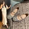 2386-58 Autumn New French Rhinestone Word with Square Head Shallow Mouth Mary Jane Widened Large Size Shoes Women
