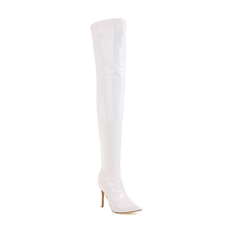 European and American Large Size Ultra-high Heel Thin Heel Waterproof Table Patent Leather Knee Boots Pole Dancer Shoes