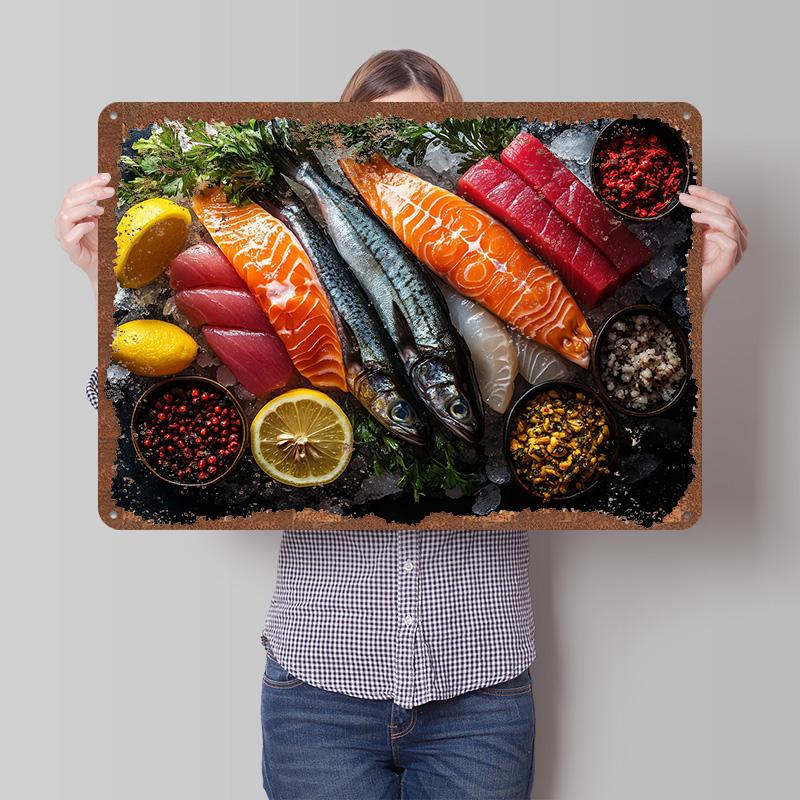 Fresh Seafood Platter Tinplate Poster Customized Wall Art Vintage Metal Signs Retro Tin Plaque for Home Decor Items Coffee Bar