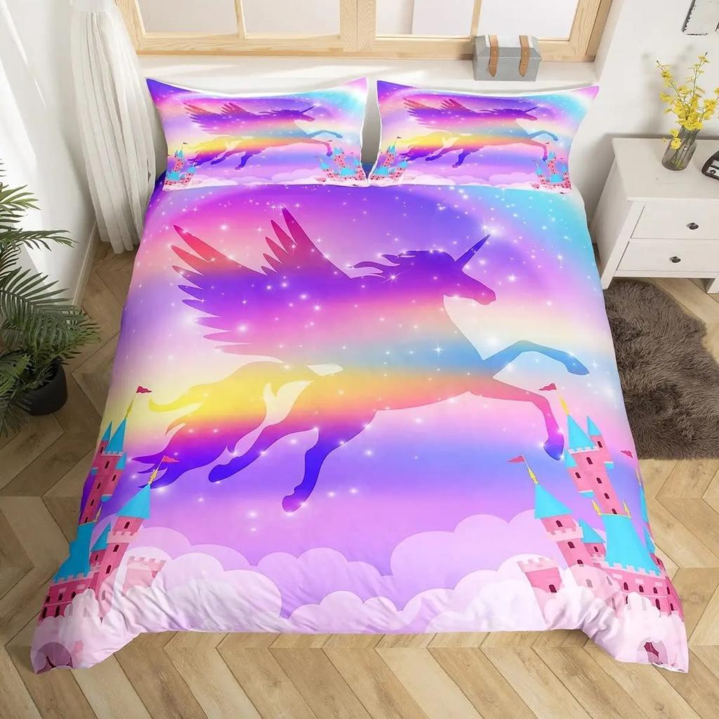 Милый комплект постельного белья с единорогом Односпальный Полуторный Двуспальный Квинсайз Кингсайз Полиэстер Спальня Пододеяльник Взрослый Детский Одеяло Покрывало Комплект