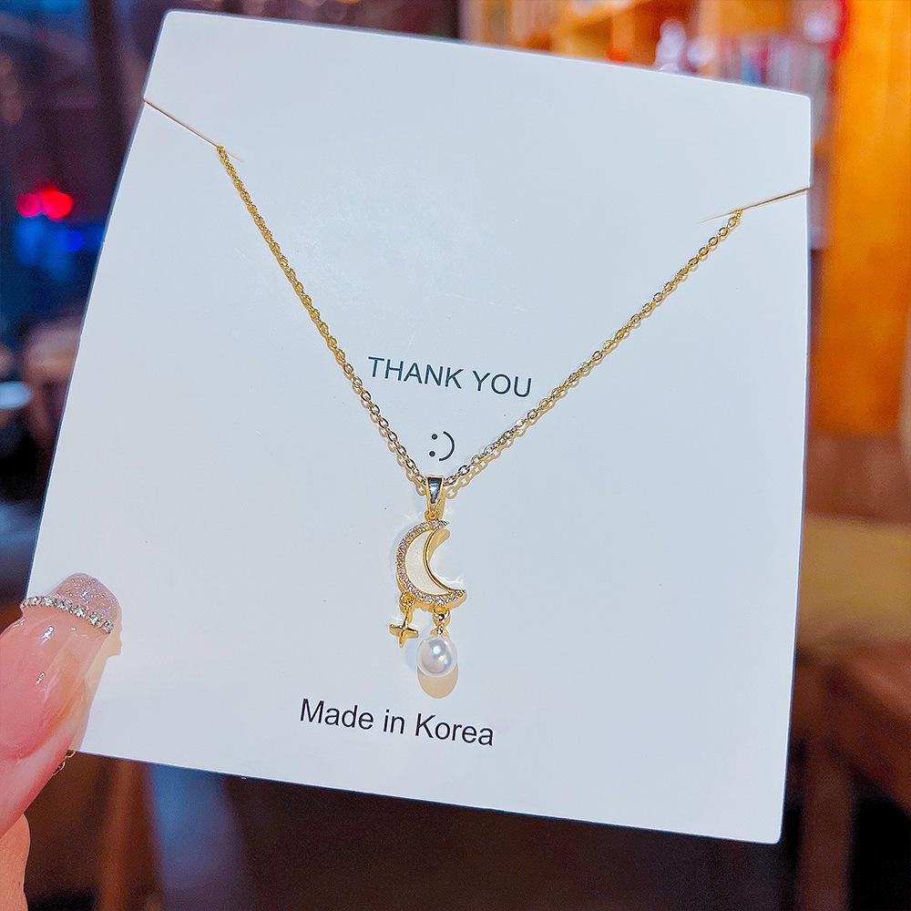 2026 Dreamy Moon Star Pearl Pendant Necklace - Gold Plated Zircon Celestial Tassel Collarbone Chain for Women Elegant Jewelry