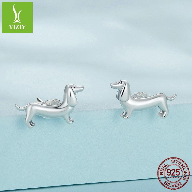S925 Silver Dachshund Dog Stud Earrings Jewelry Set, Cute Animal Plain Silver Open Ring