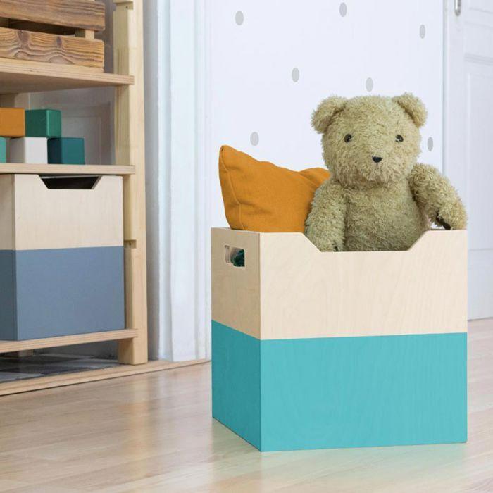 Wooden Storage Box Model 4 - Handles - Turquoise Blue and Natural Wood - 33 X 33 X 37 Cm