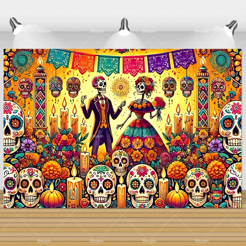 Day Of The Dead Photography Backdrop Skull Marigold Mexican Fiesta Día De Los Muertos Decoration Party Supply Photo Studio Props
