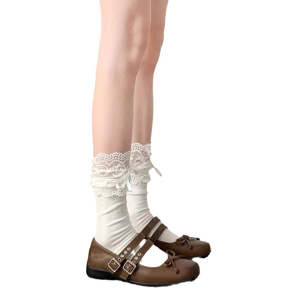 Lolita Lace Frill Mid-Calf Socks with Bow Ribbon - White Ballet Style JK Knee-Highs for Spring & Autumn