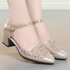 Fashion Summer Women One-word Buckle Sandals Flat Mid Heel Chunky Heel PU Leather Shoes Hollow Mesh Soft Bottom Mom Single Dance Shoes