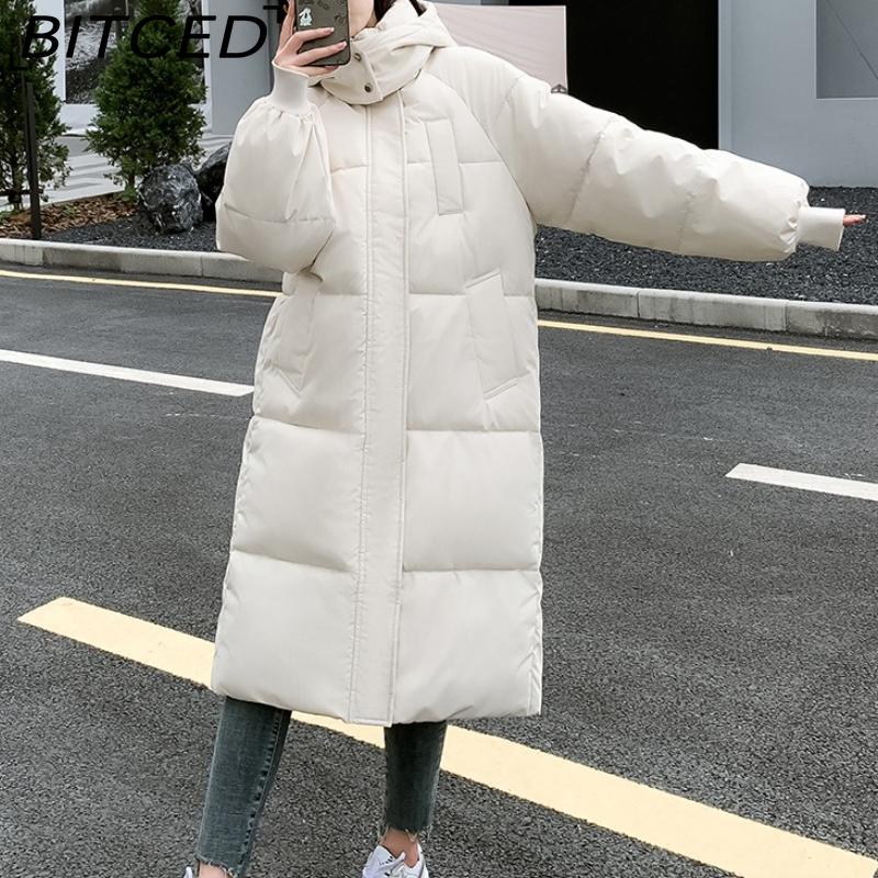 BITCED Long Down Jacket with Quilted Cotton Lining - Women's Loose-Fit Winter Coat - Thickened Cotton-Padded Outerwear