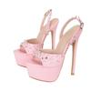 Модные металлические сандалии-платформы с открытым носком и розовыми каблуками высотой 16 см для женщин, летняя мода, с задним ремешком, праздничные туфли для платья, сандалии