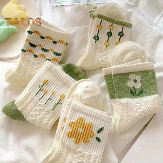 5 Pairs Women Socks Refreshing Flower Prints Mid-tube Shallow-cut High Elasticity Soft Breathable Sweat Absorption Anti-slip Girls Daily Sports Socks