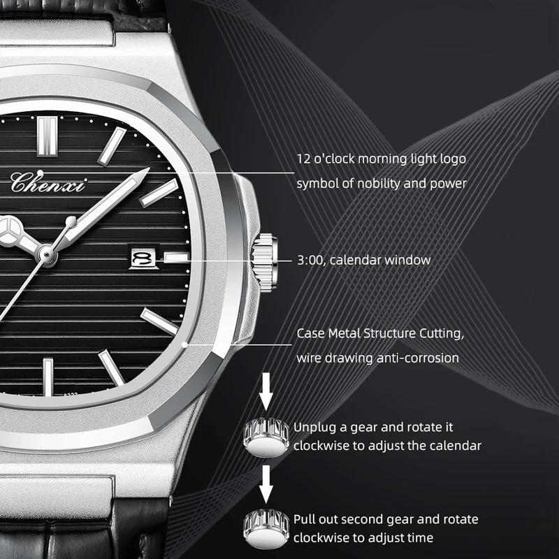 Chenxi Новые Роскошные Мужские Наручные Часы для Бизнеса Водонепроницаемые Светящиеся Часы с Датой для Мужчин Кварцевые Часы Кожаные Мужские Часы Reloj