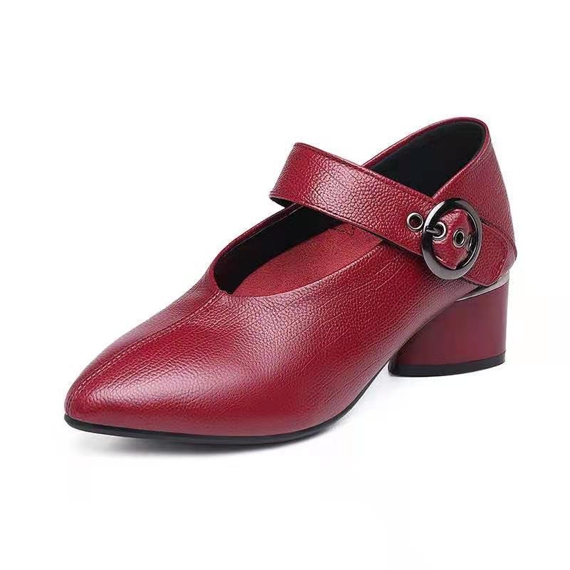 Модная FHC Осенняя Обувь из Мягкой Кожи Женская, Мамины Каблуки Средней Высоты, Женские Туфли-Лодочки, Удобные, Заостренный Носок, Женская Обувь, Черный, Красный, Дропшиппинг