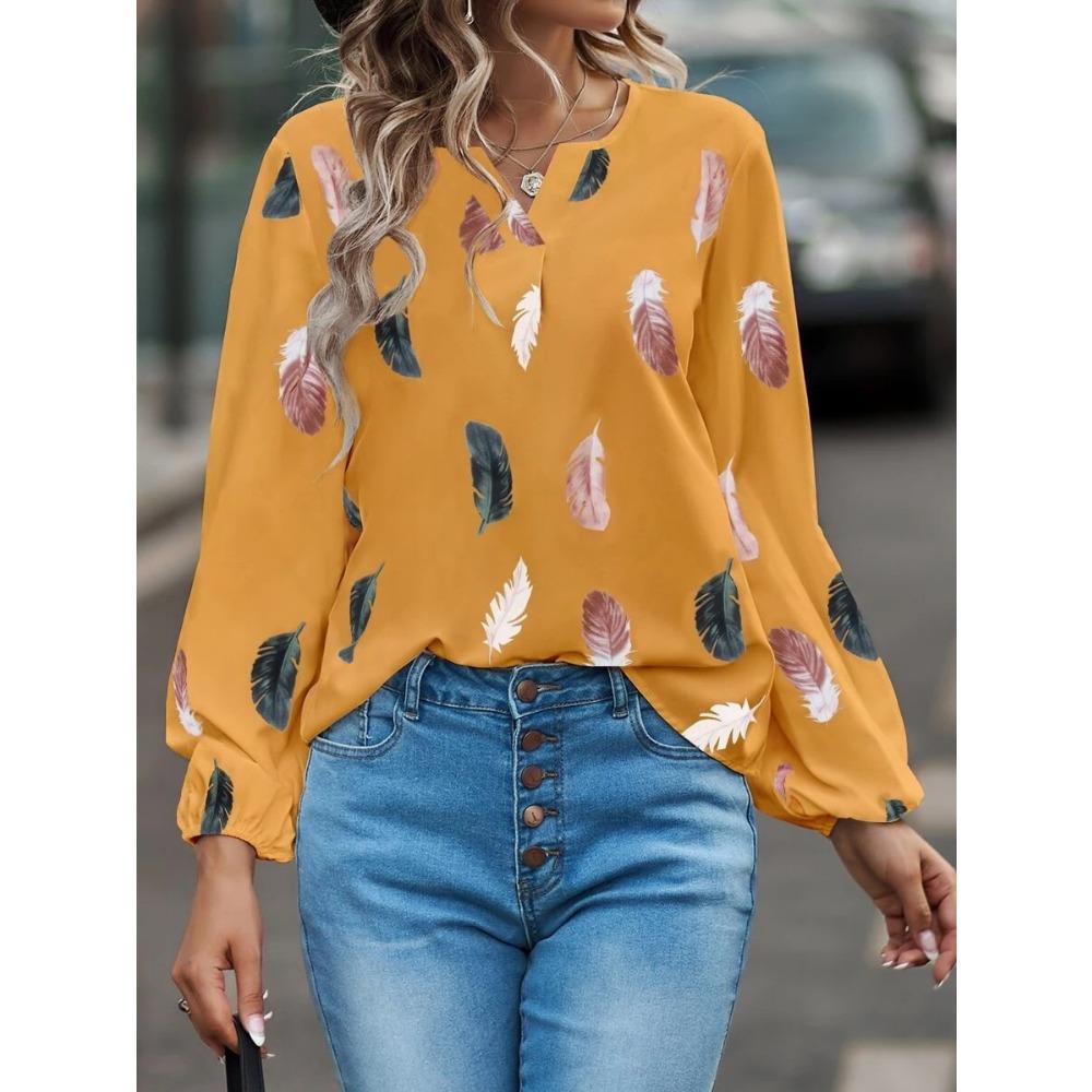 GMXIA Women's Spring Summer V-neck Feather Print Long Sleeve Loose T-shirt Top for Women