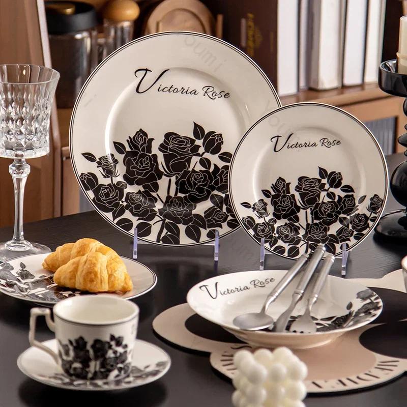 Retro Black Flowers Ceramic Plate High End Restaurant Steak Plate Home Delicious Dishes Salad Dining Plates Exquisite Tableware