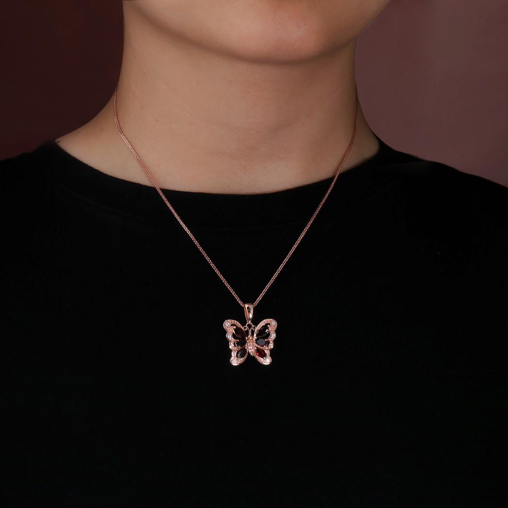 Butterfly Shape Design Luxury Jewelry Natural Garnet Pendant Necklace Sterling Silver for Lady and Girls Daily Wear Fine Gifts