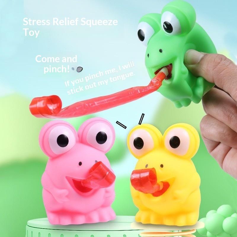 Green Frog Squeeze Toy With Popping Tongue Soft Elastic Texture For Kids Party Favors Stress Relief