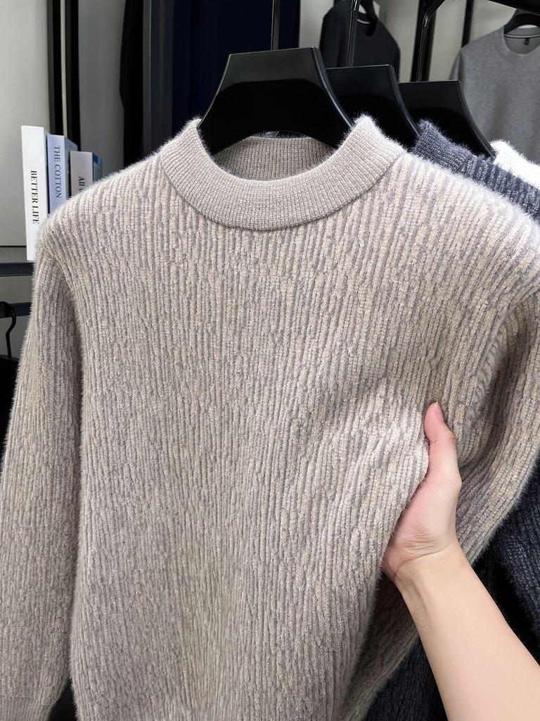 Men's Ferret Velvet Knit Fleece Pullover: Warm Round Neck Casual Fashion Base Layer Sweater